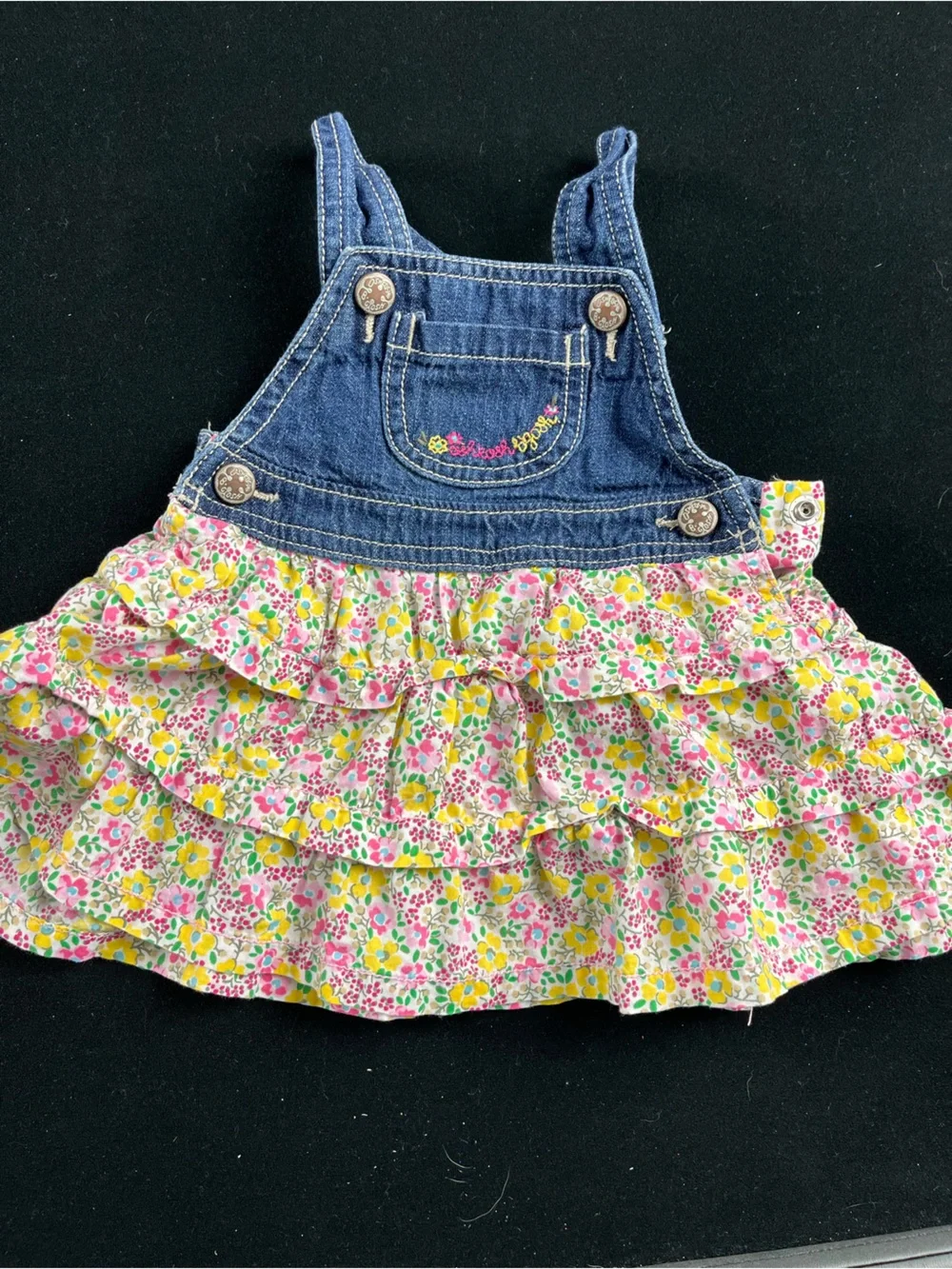 Oshkosh Denim Floral Ruffle Overalls - Pink & Yellow Girls' Bottoms
